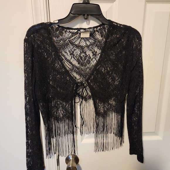 Up Front Tops - Black Lace Fringe Cardigan